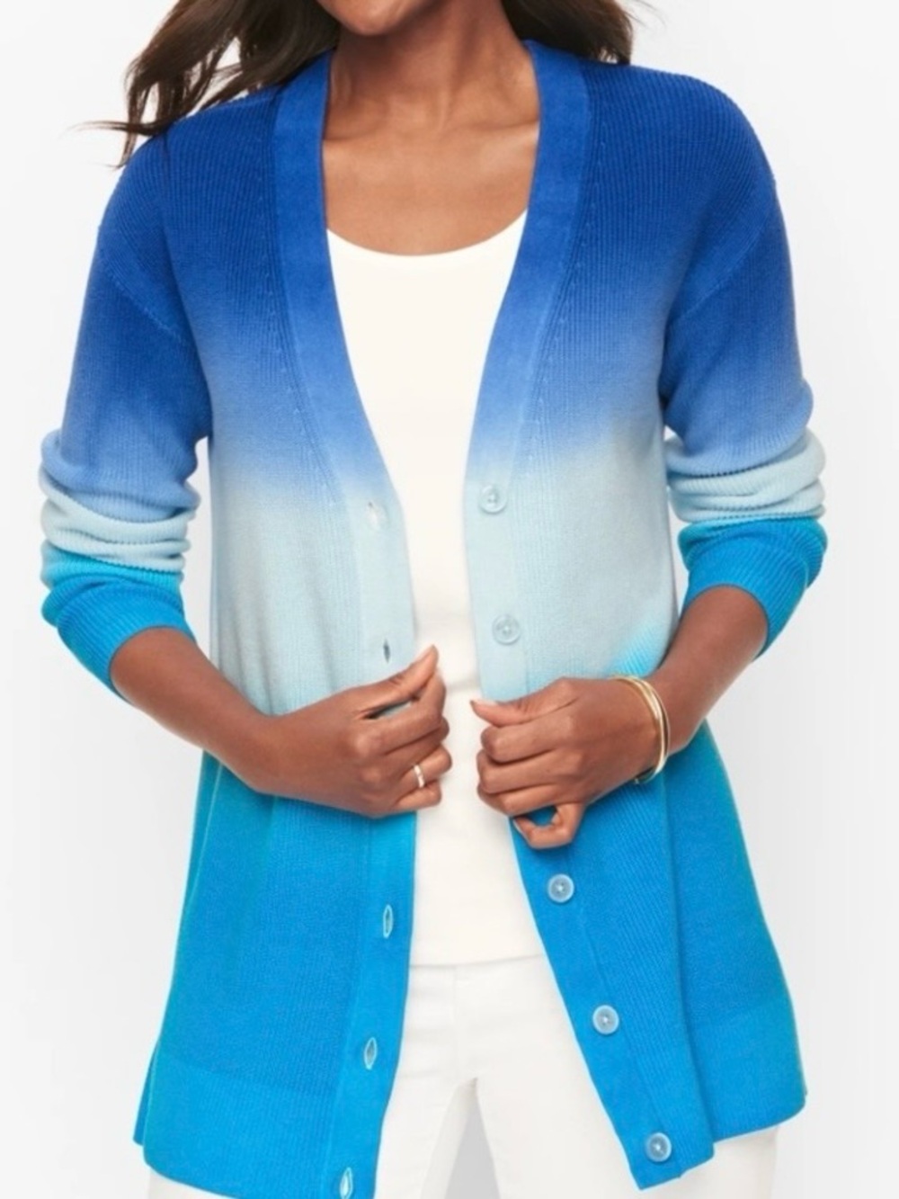 Talbots Women’s Ombre Blue Dip Dye Girlfriend Cotton Tencel Cardigan Sweater OX